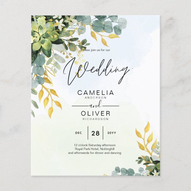 Flyer BUDGET Greenery Dourado Eucalyptus deixa casamento (Frente)