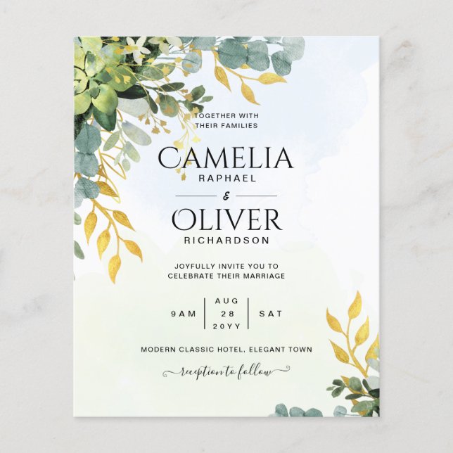 Flyer BUDGET Greenery Dourado Eucalyptus deixa casamento (Frente)