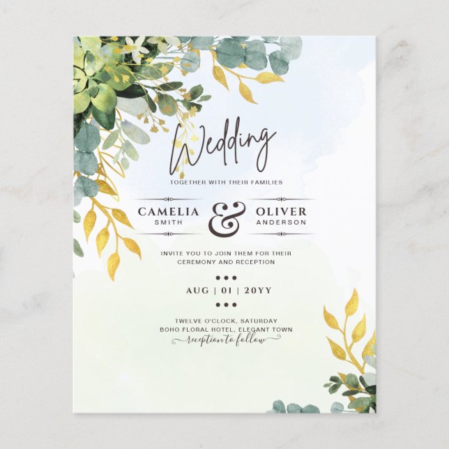 Flyer BUDGET Greenery Dourado Eucalyptus deixa casamento (Frente)