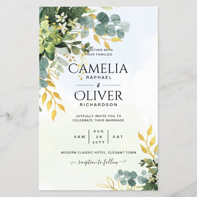 Flyer BUDGET Greenery Dourado Eucalyptus deixa casamento (Frente)