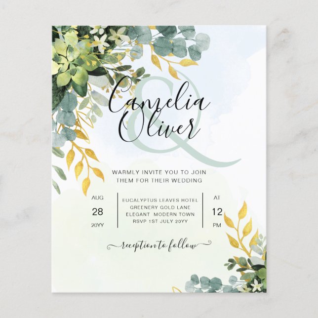 Flyer BUDGET Greenery Dourado Eucalyptus deixa casamento (Frente)