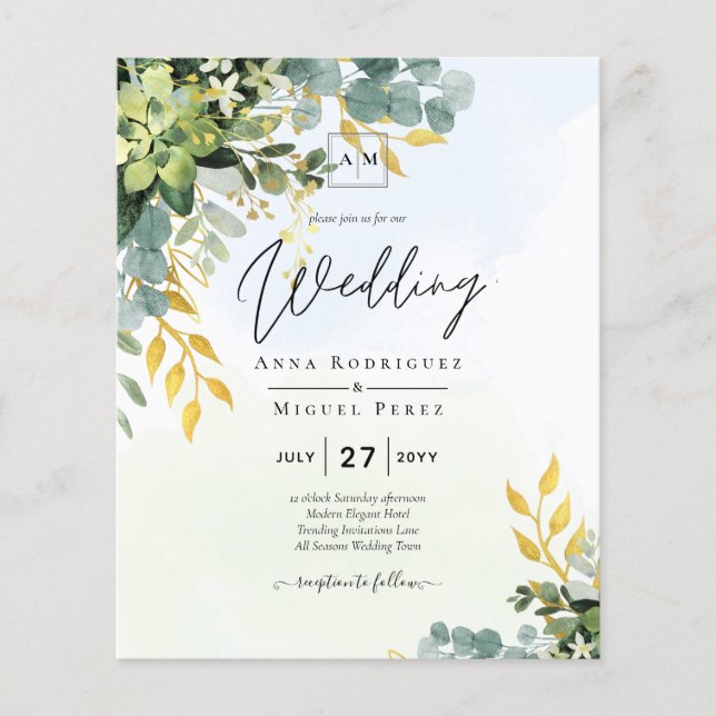 Flyer BUDGET Greenery Dourado Eucalyptus deixa casamento (Frente)