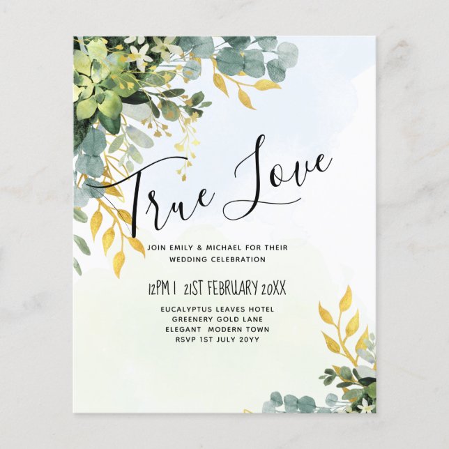 Flyer BUDGET Greenery Dourado Eucalyptus deixa casamento (Frente)