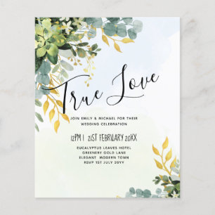 Flyer BUDGET Greenery Dourado Eucalyptus deixa casamento