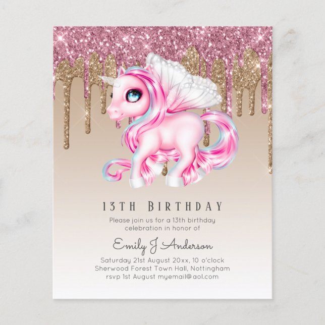 Flyer BUDGET Kids Birthday Invite Pink Unicorn (Frente)