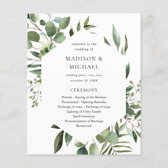 Flyer Budget Leaves & Eucalyptus Rustic Wedding Ceremony (Frente)
