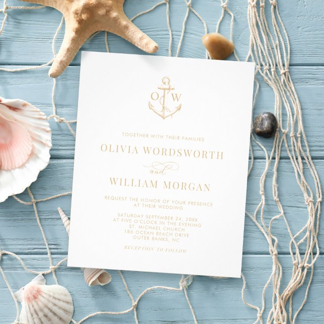 Flyer Budget Nautical Anchor Wedding Invitation Beige  (Criador carregado)