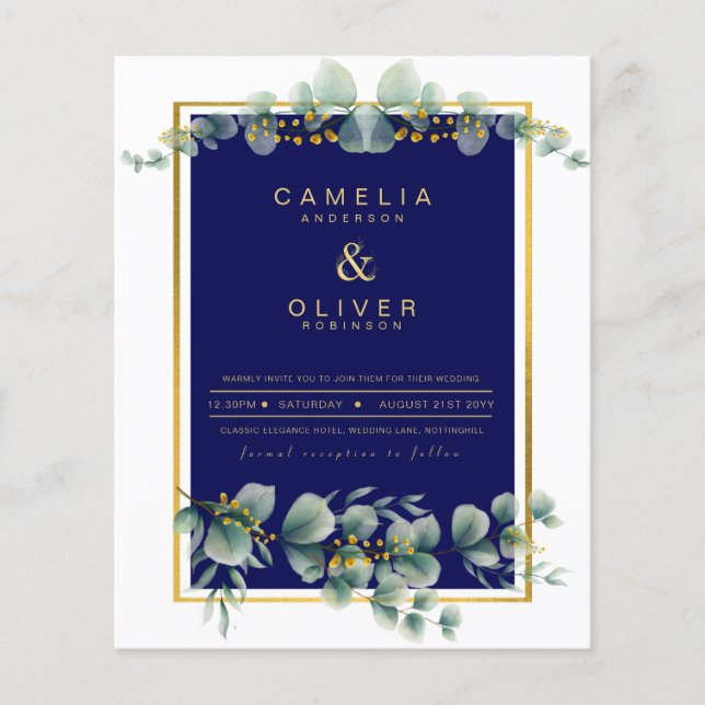 Flyer BUDGET NAVY GOLD Eucalyptus Wedding Invite QR CODE (Frente)