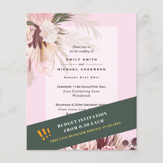 Flyer BUDGET Pampas Grass Burgundy Convites de casamento (Frente)