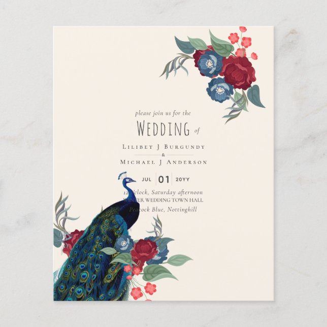 Flyer BUDGET Peacock Blue Burgundy Casamento outono (Frente)