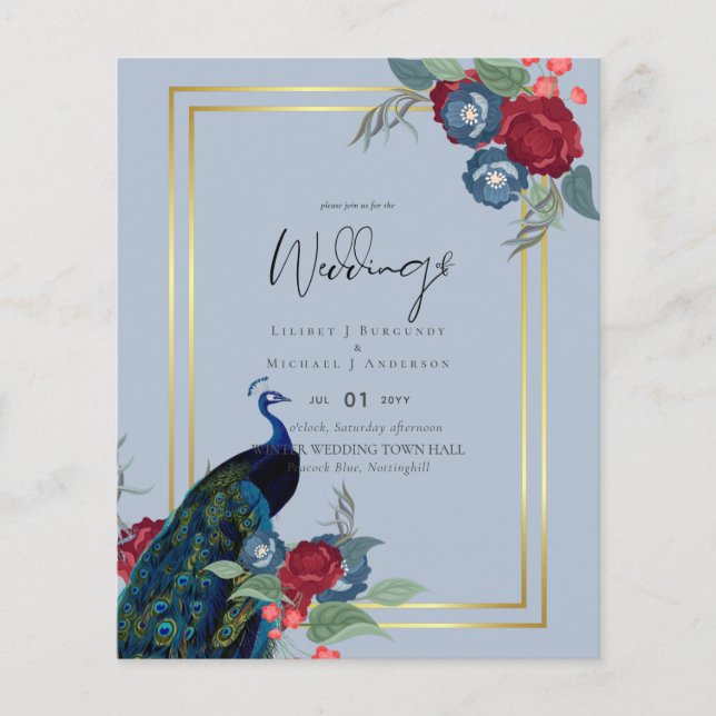 Flyer BUDGET Peacock Blue Burgundy Casamento outono (Frente)