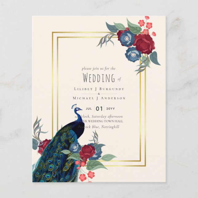 Flyer BUDGET Peacock Blue Burgundy Casamento outono (Frente)