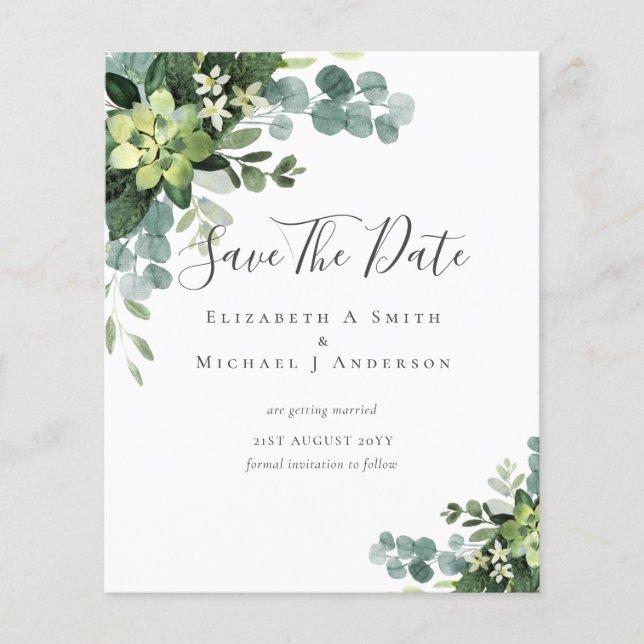 Flyer BUDGET Photo Save Dates Eucalyptus Greenery Leaves (Frente)