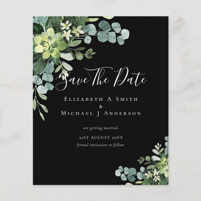 Flyer BUDGET Photo Save Dates Eucalyptus Greenery Leaves (Frente)