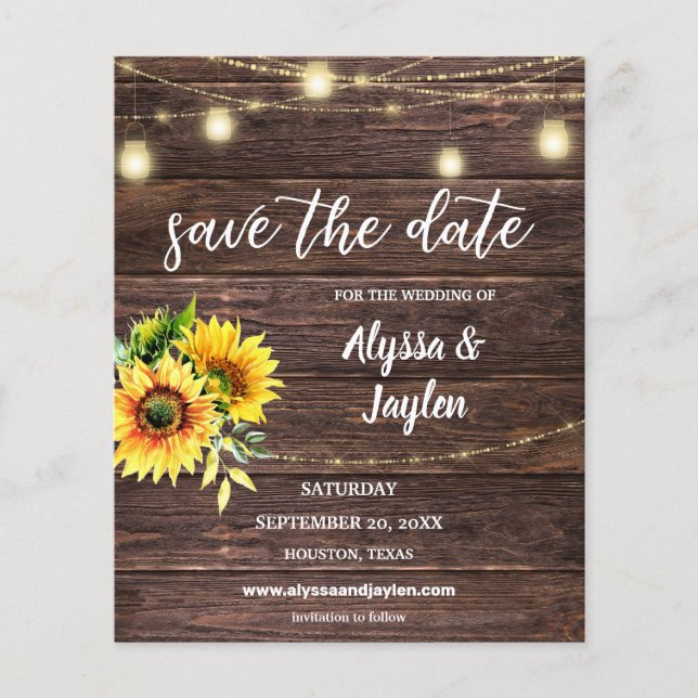 Flyer Budget Photo Sunflower Wood & Lights Save the Date (Frente)