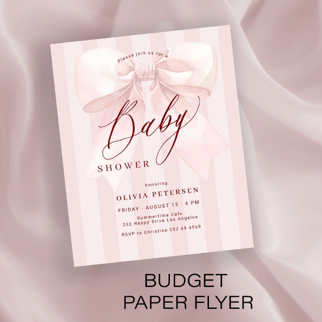 Flyer Budget pink bow girl baby shower invitation (Criador carregado)