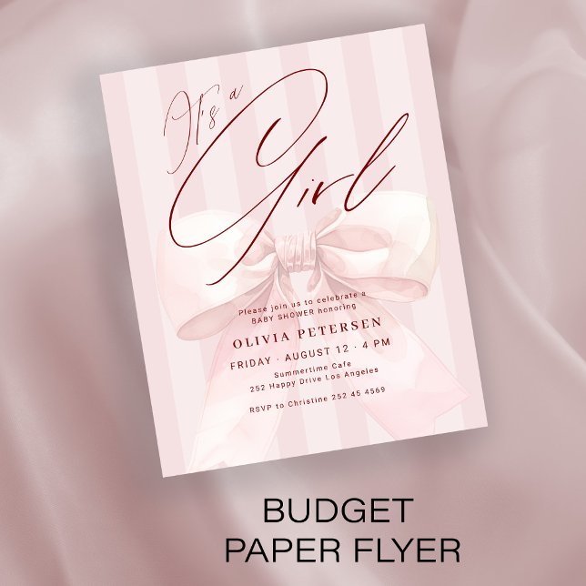Flyer Budget pink bow its a girl baby shower invitation (Criador carregado)