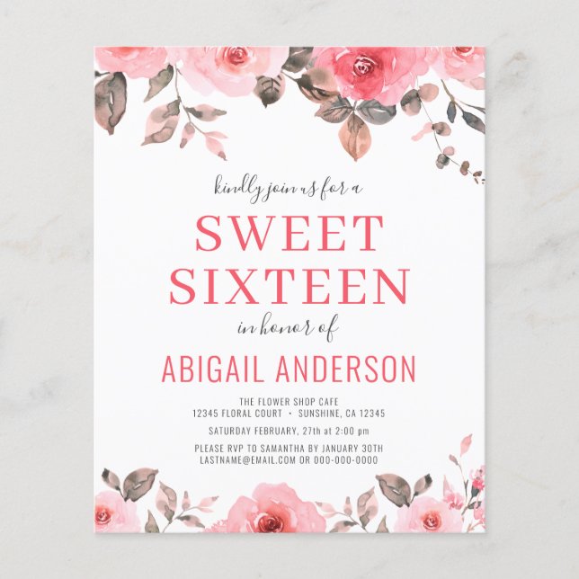 Flyer Budget Pink Rose Floral Sweet Sixteen Invitation (Frente)