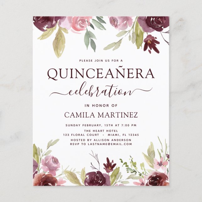 Flyer Budget Quinceanera Burgundy Blush Pink Floral (Frente)
