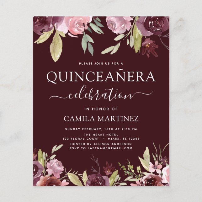 Flyer Budget Quinceanera Burgundy Pink Floral Invitation (Frente)
