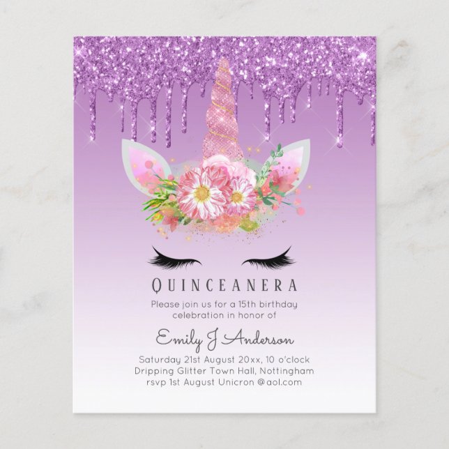 Flyer BUDGET Quinceanera Glitter Unicorn Anicorn Winged (Frente)