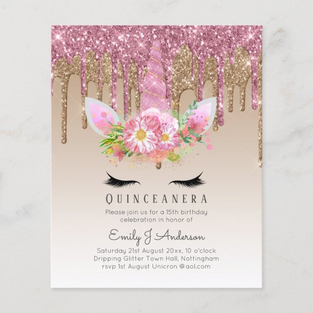 Flyer BUDGET Quinceanera Glitter Unicorn Anicorn Winged (Frente)