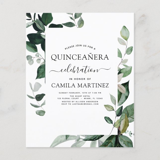 Flyer Budget Quinceanera Spring Botanical Greenery (Frente)