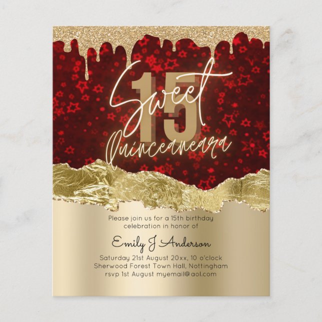Flyer BUDGET Red Gold Foil Glitter Quinceanera 15 (Frente)
