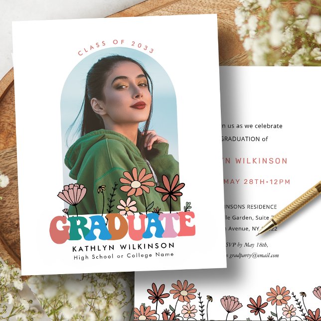 Flyer BUDGET Retro Wildflower Arch Convite para FORMANDO (Criador carregado)