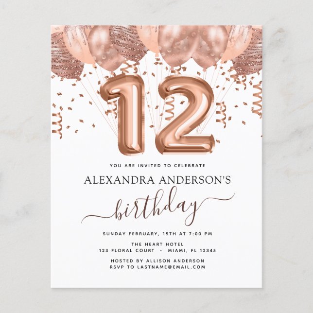 Flyer Budget Rose Gold Balloons 12th Birthday Party (Frente)