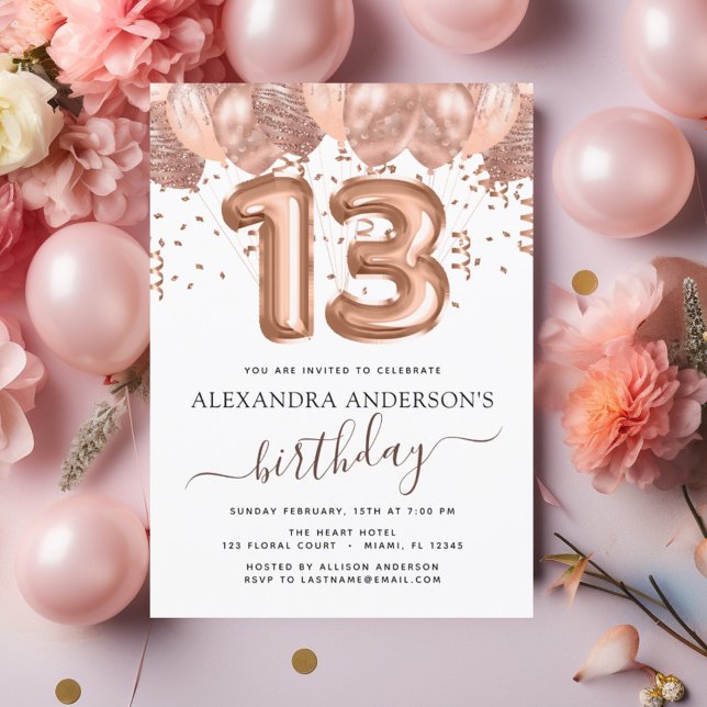 Flyer Budget Rose Gold Balloons 13th Birthday Party (Criador carregado)