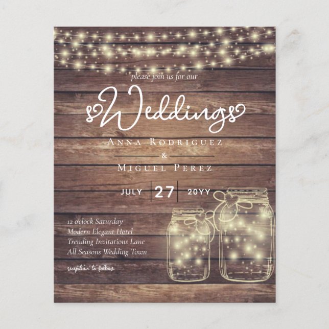 Flyer BUDGET Rustic Mason Jar Luz Madeira CASAMENTO (Frente)