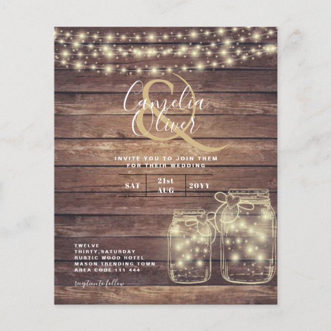 Flyer BUDGET Rustic Mason Jar Luz Madeira CASAMENTO (Frente)