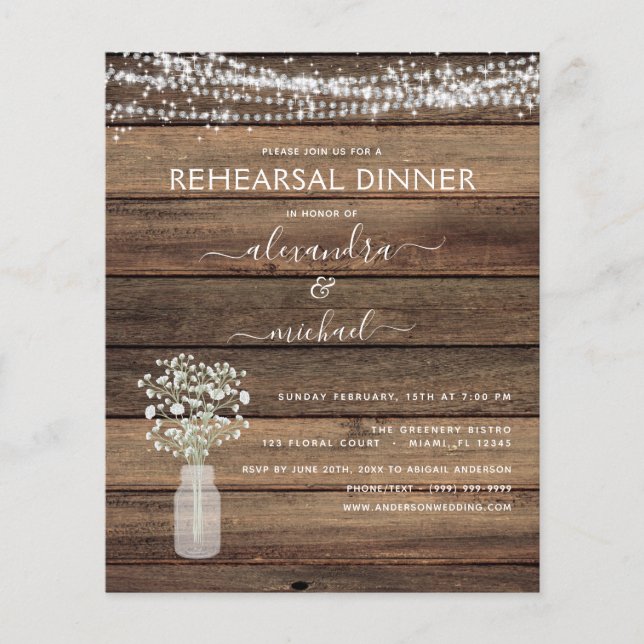 Flyer Budget Rustic Rehearsal Dinner Lights Invitation (Frente)