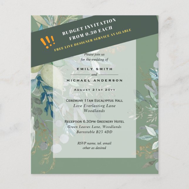 Flyer BUDGET Sea Glass Green Eucalyptus Leaves Wedding (Frente)