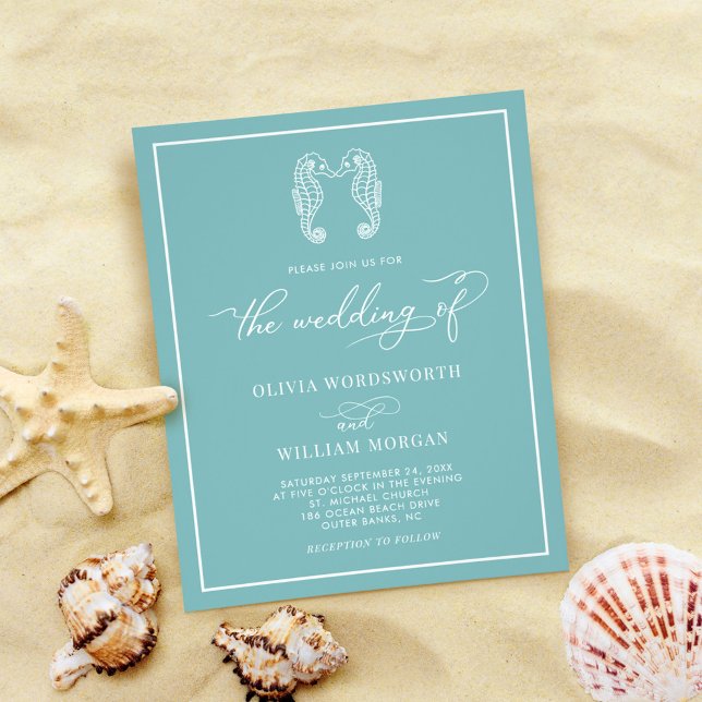Flyer Budget Seahorse Sea Glass Blue Wedding Invitation (Criador carregado)