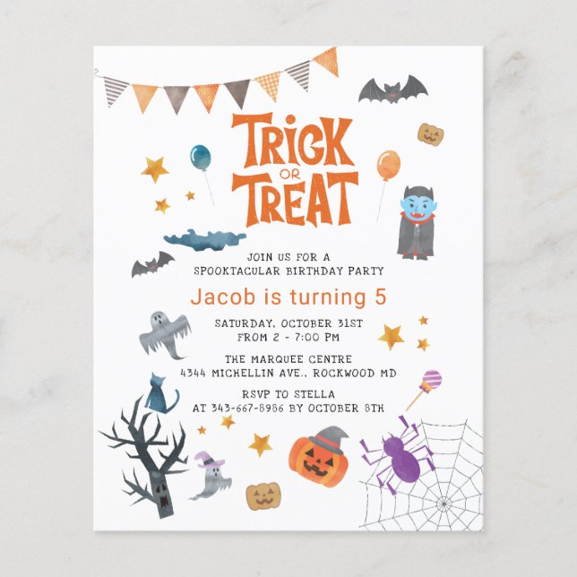 Flyer Budget Trick or Treat Halloween Birthday Party (Frente)