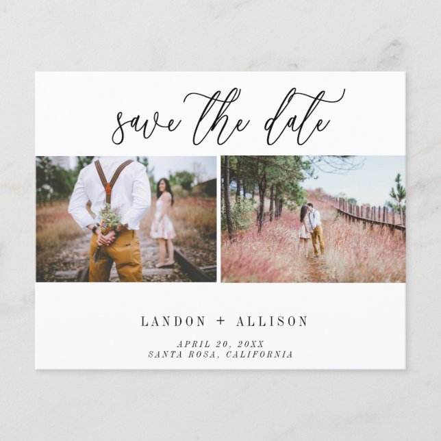 Flyer Budget Two Photo Save the Date Post Card (Frente)