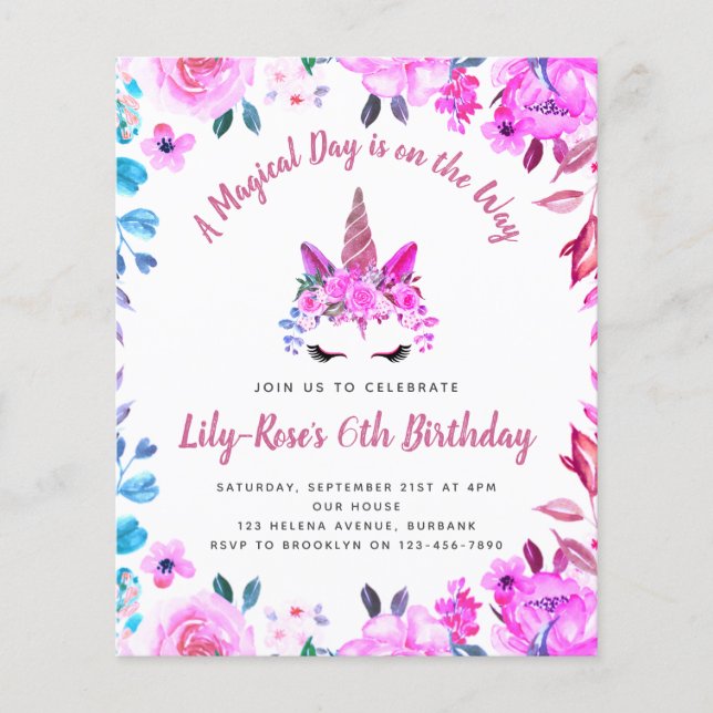 Flyer BUDGET Unicorn Face Floral Aniversário Convite (Frente)