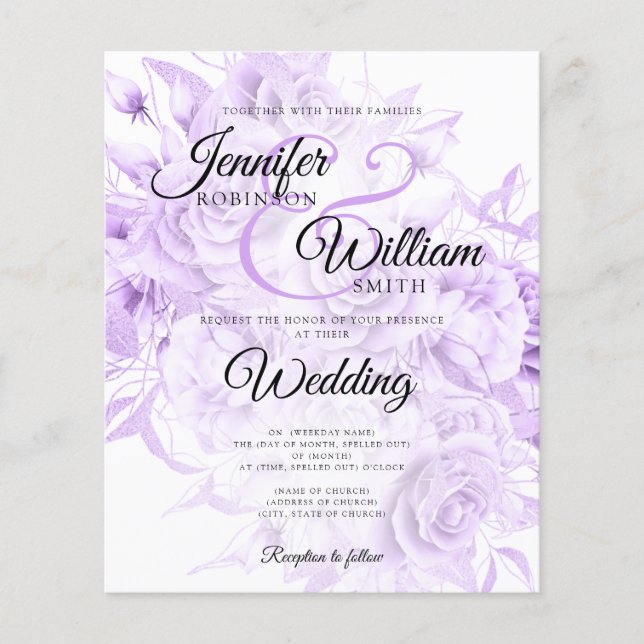 Flyer Budget Wedding Black & Purple Floral Invitation (Frente)