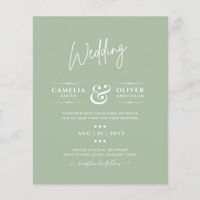 Flyer BUDGET Wedding Sage Apple Green Monochrome Text  (Frente)