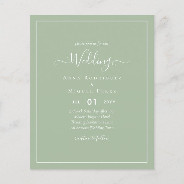Flyer BUDGET Wedding Sage Apple Green Monochrome Text  (Frente)