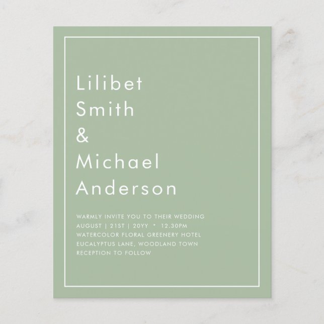 Flyer BUDGET Wedding Sage Apple Green Monochrome Text  (Frente)