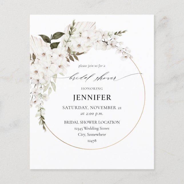 Flyer Budget White Boho Floral Bridal Shower (Frente)