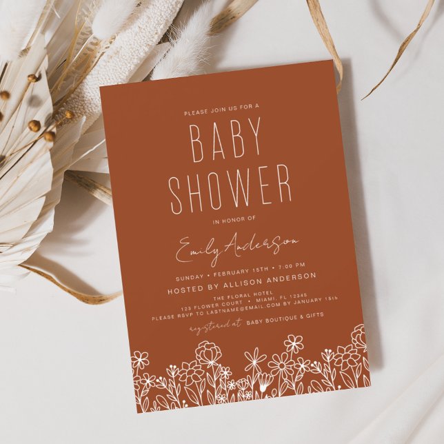 Flyer Budget Wildflower Boho Baby Shower Burnt Orange (Criador carregado)