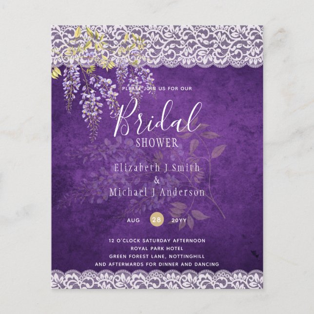 Flyer BUDGET Wisteria Floral Lace CHÁ DE PANELA INVITE (Frente)