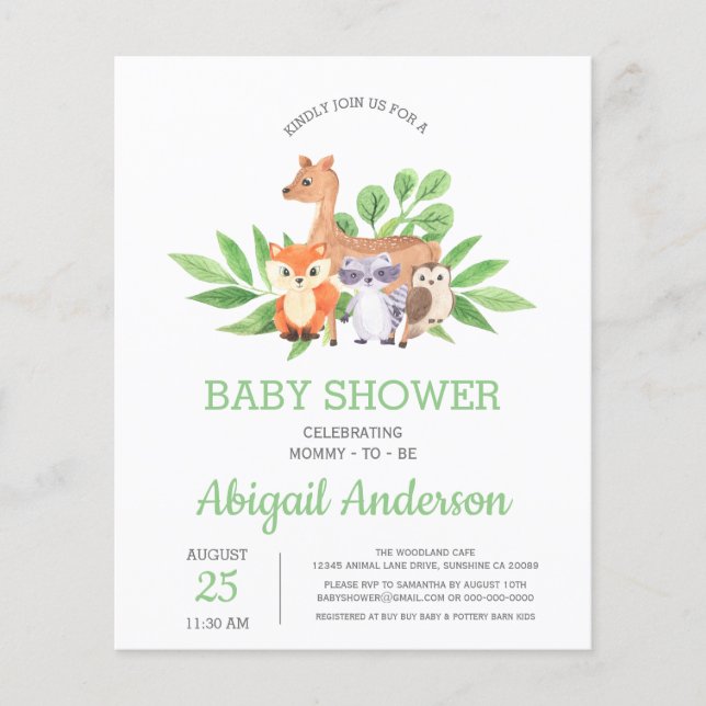 Flyer BUDGET Woodland Animal Baby Shower Invitation (Frente)