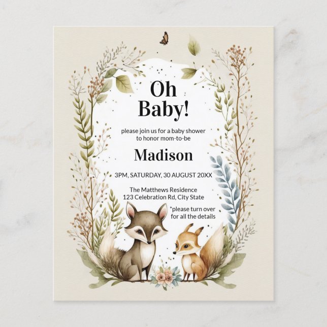 Flyer Budget Woodland Creatures Baby Shower Invite (Frente)