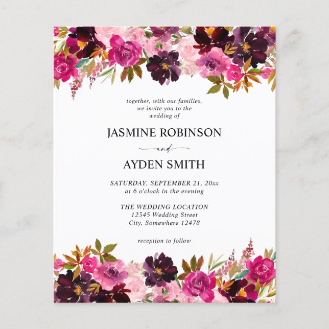 Flyer Burgundy Blush Pink & Purple Floral Casamento (Frente)