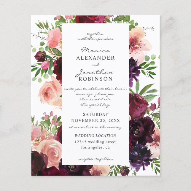 Flyer Burgundy e Blush Floral Casamento em Branco (Frente)